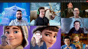  10Pearls team members posing against Frozen-themed backgrounds on Zoom