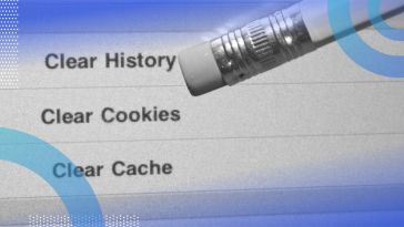 A pencil eraser over a computer screen reading “clear history,” “clear cookies” and “clear cache.”
