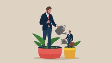 An illustration of a mentor standing in a plant pot watering the adjacent pot of a mentee, who is also watering the other’s pot.