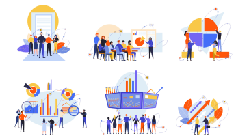 A series of illustrations of groups of people sharing information