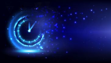 A glowing blue clock dissolves into bright sparkles, emblematic of the passage of time. 