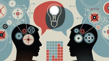  Two silhouetted heads face each other with gears in their heads and speech bubbles containing a light bulb and cogs.