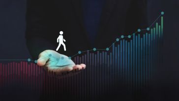 An illustration depicting a person walking along an ascending graph line that is supported in the palm of a hand, symbolizing personal or business growth and support.