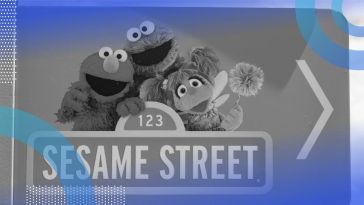 A Sesame Street sign with Elmo, Cookie Monster, and Abbie behind it