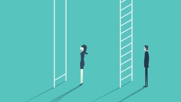 An illustration of two people in front of ladders with different spaces between the rungs, showing the effort it takes to close the wage gap. 