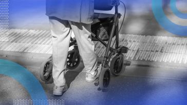 An elderly person using a walker with wheels on a cut curb.