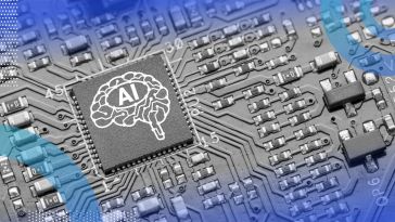 A microchip with an image of a brain and the word “AI” on it in a larger hardware system.