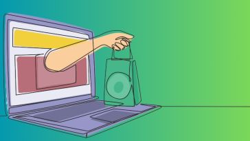 illustration of arm with shopping bag coming out of computer screen