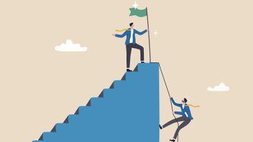 An illustration of an employee planting a flag at the top of a staircase with another employee climbing up via rope.