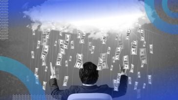 ceo grabbing dollar bills falling from cloud illustration