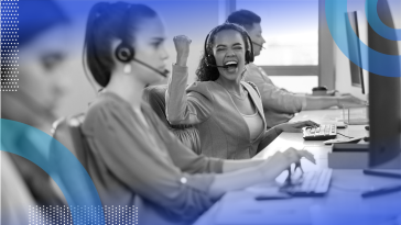 A call center employee is looking excited after a lead turned into a sale.