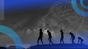 A rendering of the ascent of man in front of a star field with a human brain in it