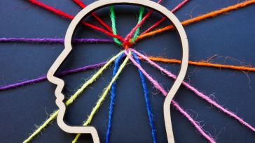 Different colors of yarn intersect within the outline of a human head.