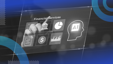 Someone’s finger pointing at a hologram labeled Financial Services with different symbols representing money and a head that says AI.