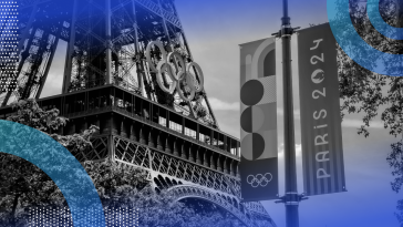 The base of the Eiffel Tower decorated with the Olympic rings and a sign announcing the Paris Olympics