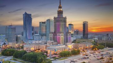 Image of Warsaw Skyline during sunset.