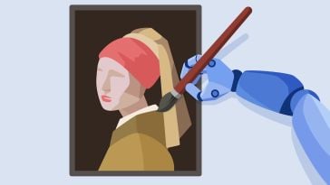 An illustration of a robot painting Johannes Vermeer's "Girl with a Pearl Earring" 