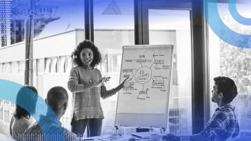 A smiling woman leading a meeting, pointing at a large chart while three colleagues watch and listen.