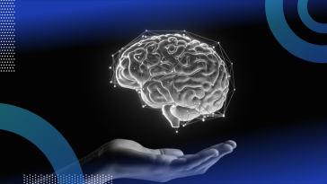 A futuristic-looking brain hovers above a hand.