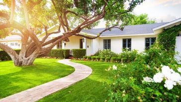 Exterior of a well-landscaped ranch-style home at dusk.