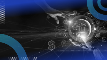 A human hand reaching from above and a robot hand reaching from below toward a holographic image of a bank inside a circle with the word “Ai” and money signs floating about it.