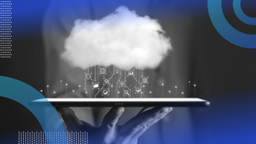 A cloud hovers above a tablet and rains data