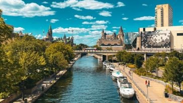 View of Rideau Canal in downtown Ottawa on a sunny day