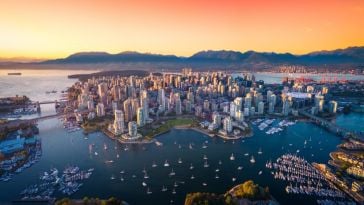 Skyline view of downtown Vancouver at sunset