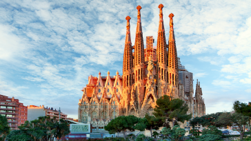 Barcelona with a focus on the basilica de Sagrada Familia.