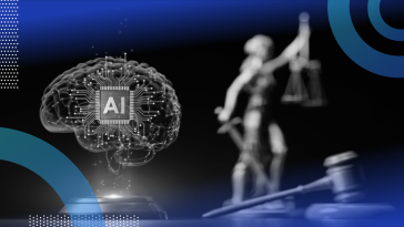 A holographic brain with a computer chip reading AI in its center. The brain is never to a judge’s gavel and in front of a figure holding a sword and scale.