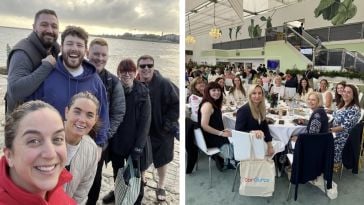 Two side-by-side images of Ní Dheá and the CarGurus’ UK sales team smiling for photos by the sea at a business event.