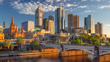 An aerial view of Melbourne and its river on a sunny day 