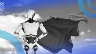 An AI robot wearing a hero’s cape blowing in the wind with its hands on its hips and head tilted triumphantly toward the sky.