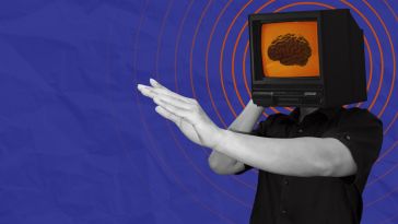 An image of a man's body with a television as a head with a brain on the screen