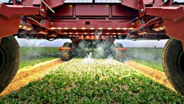 A photo showing the underside of a LaserWeeder identifying and shooting weeds with lasers in a field of leafy greens.