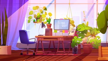 Cartoon-style illustration of a home office with a desktop computer and plants near a large window.