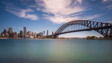 A view of the downtown Sydney skyline featuring the Sydney Harbour Bridge.