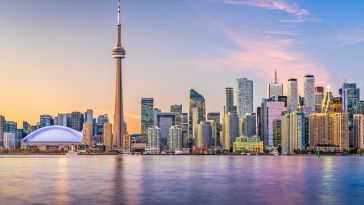 A view of the Toronto skyline along the water.