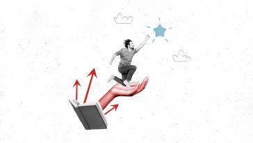 A collage image of a man leaping out of an open book and reaching for a star.