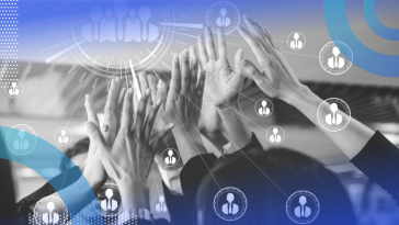 A community of people high-fiving (only their hands and arms are visible), with holographic images representing networking overlaying the photo.