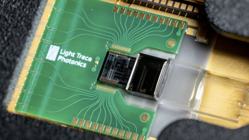 Close-up of Light Trace photonics chip.