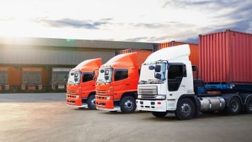 Three freight trucks are parked in a line.