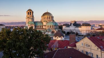 An aerial view of Sofia, Bulgaria with the Russian Orthodox dome in the forefront. 