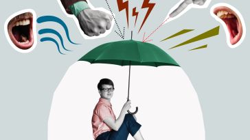 A collage of a young person under an umbrella with open mouths, fists and pointing fingers above them to represent psychological safety. 