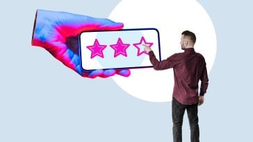 A collage shows a person standing in front of a large hand holding a phone, giving a star rating.