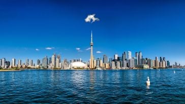 A view of the Toronto, Ontario skyline along the water.