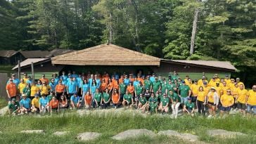 Augury team members posing for a group photo while wearing color-coordinating shirts during the company’s Camp Augury retreat.