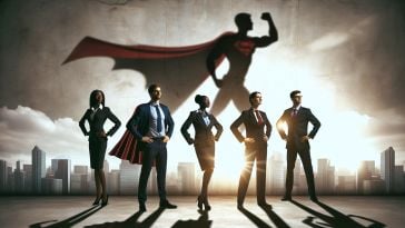 Photos of five men and women in business suits standing with arms on hips against a city skyline, a shadow behind them revealing a superhero flexing his muscles and wearing a cape blowing in the wind.