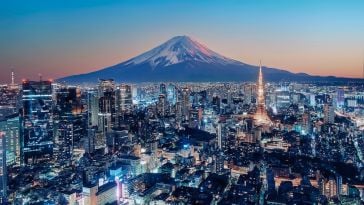 The Tokyo skyline is pictured.