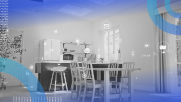 A kitchen in a smart home with holographic images representing the Internet of Things connections in all the appliances.